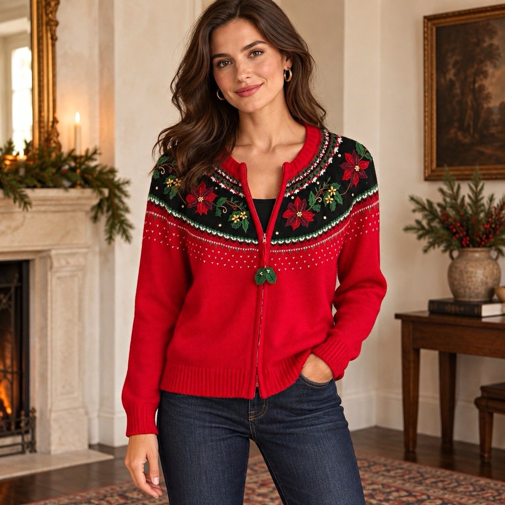 Vintage Tiara International Christmas Fair Isle Poinsettia Beaded Zip Cardigan